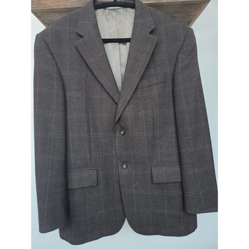 Oscar de la Renta 42S Wool Blazer Brown Windowpane Plaid 2 Button Lined